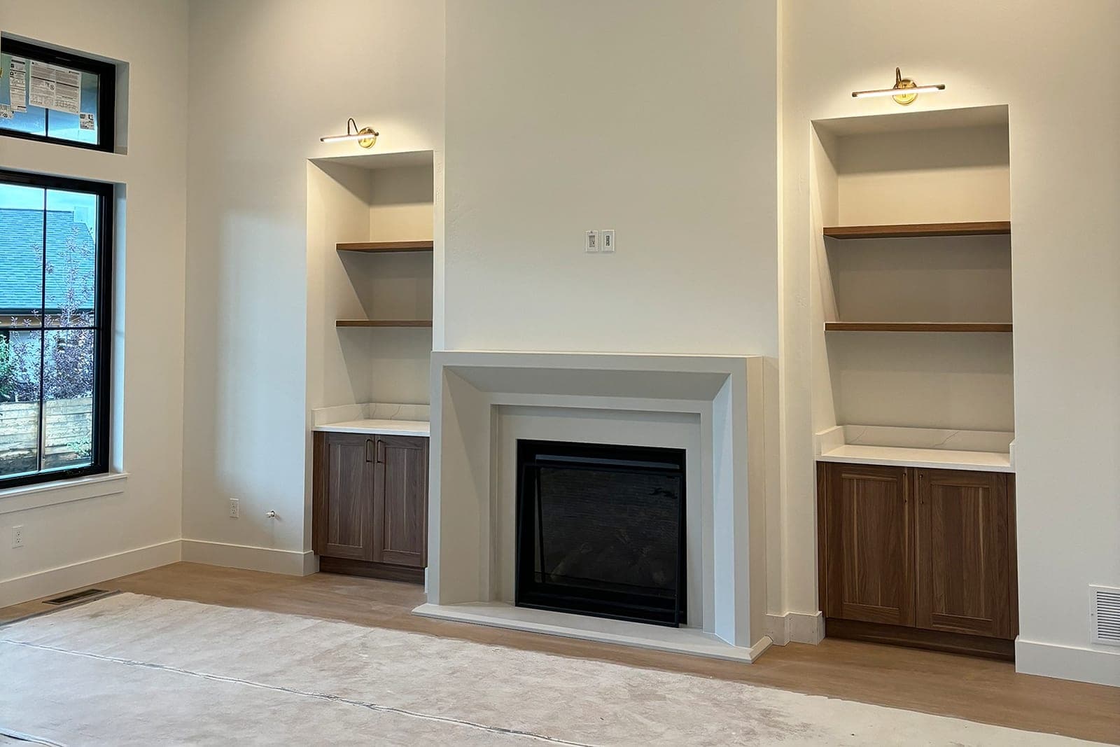 Cast stone newport fireplace in Subtle Gray — living room