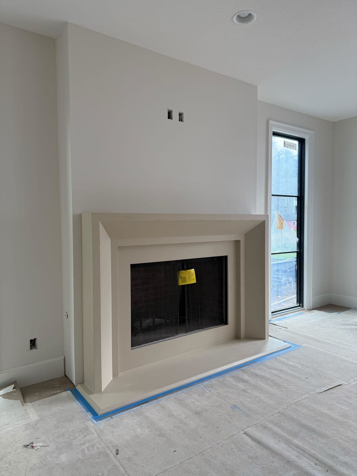 Cast stone custom newport fireplace in Meadow Mist