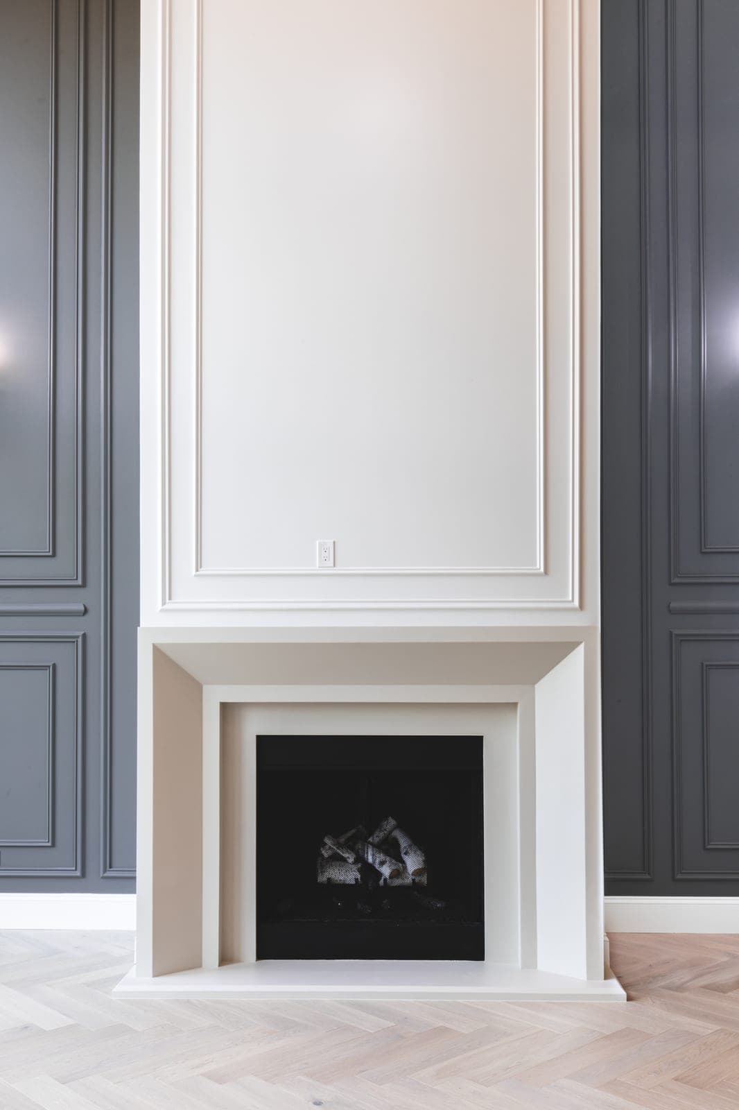 Cast stone custom newport fireplace in Subtle Gray — living room