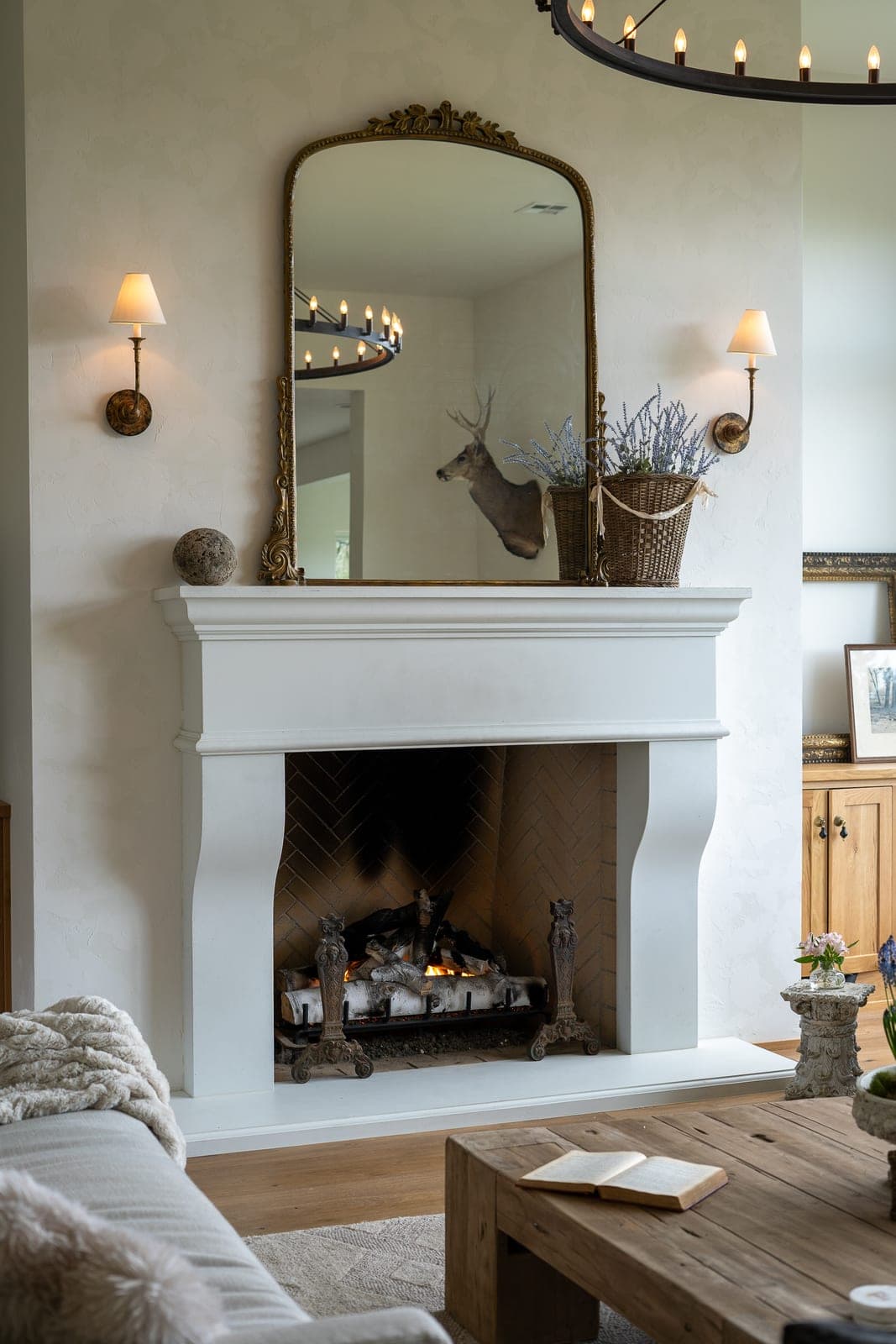 Cast stone custom new french fireplace in Italian White — living room