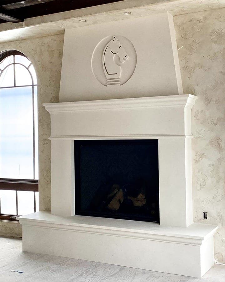 Cast stone new french fireplace in Meadow Mist — living room