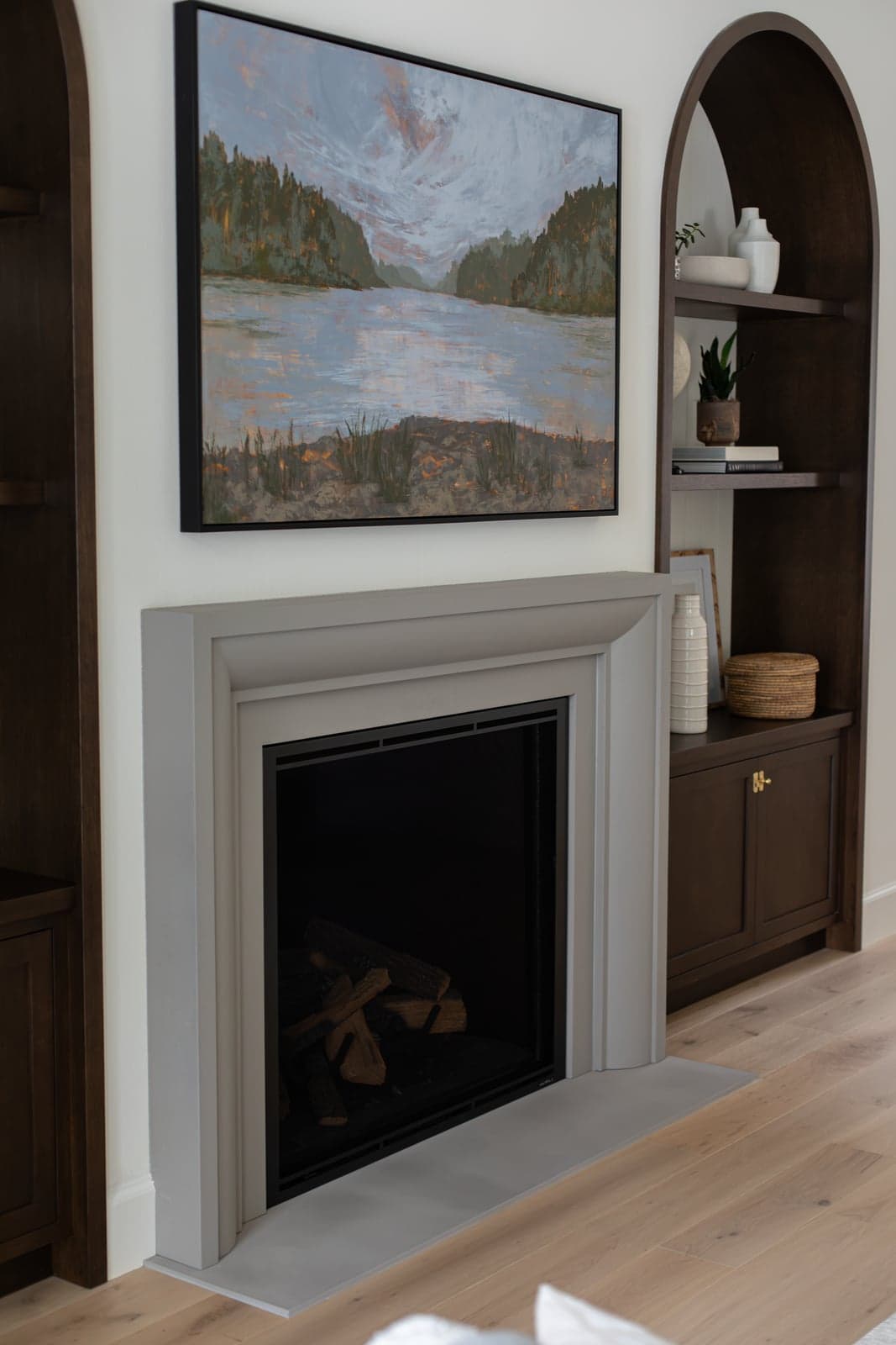 Cast stone Verona surround and hearth extension in Natural Stone — great room