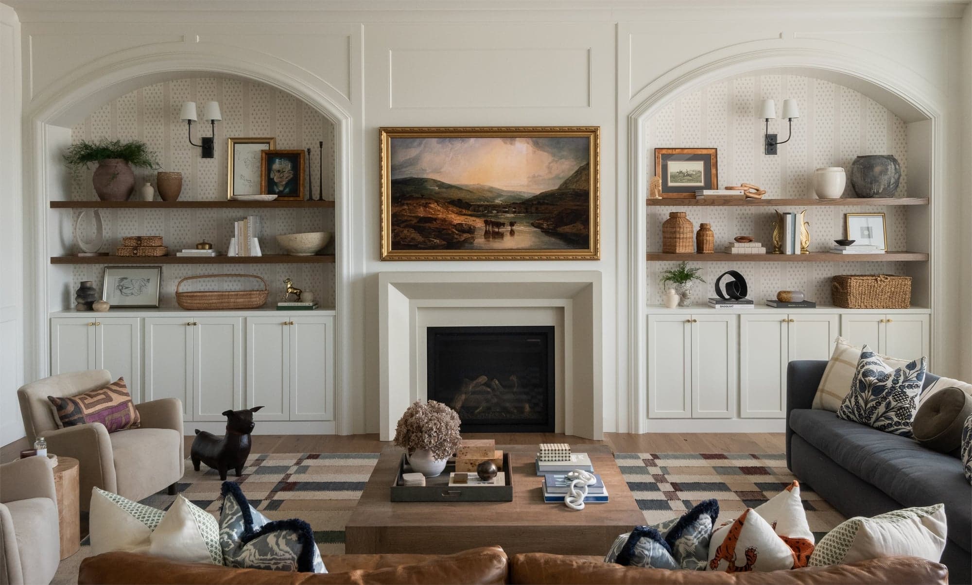 Oltre cast stone fireplace surround installed in a Pacific Northwest home, photographed by Kristine Kohl Photography.