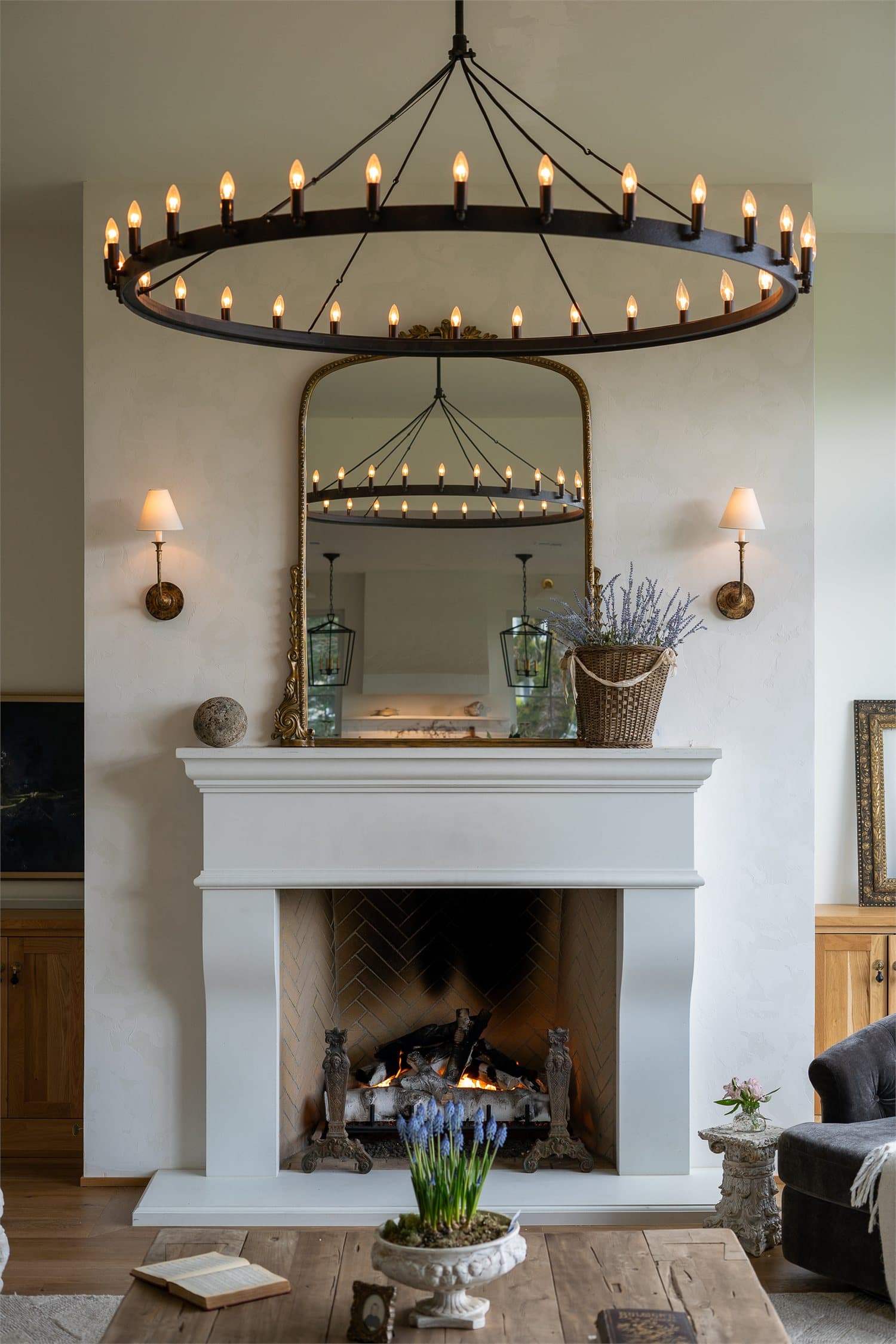 Newport cast stone surround installed in a residential family room.