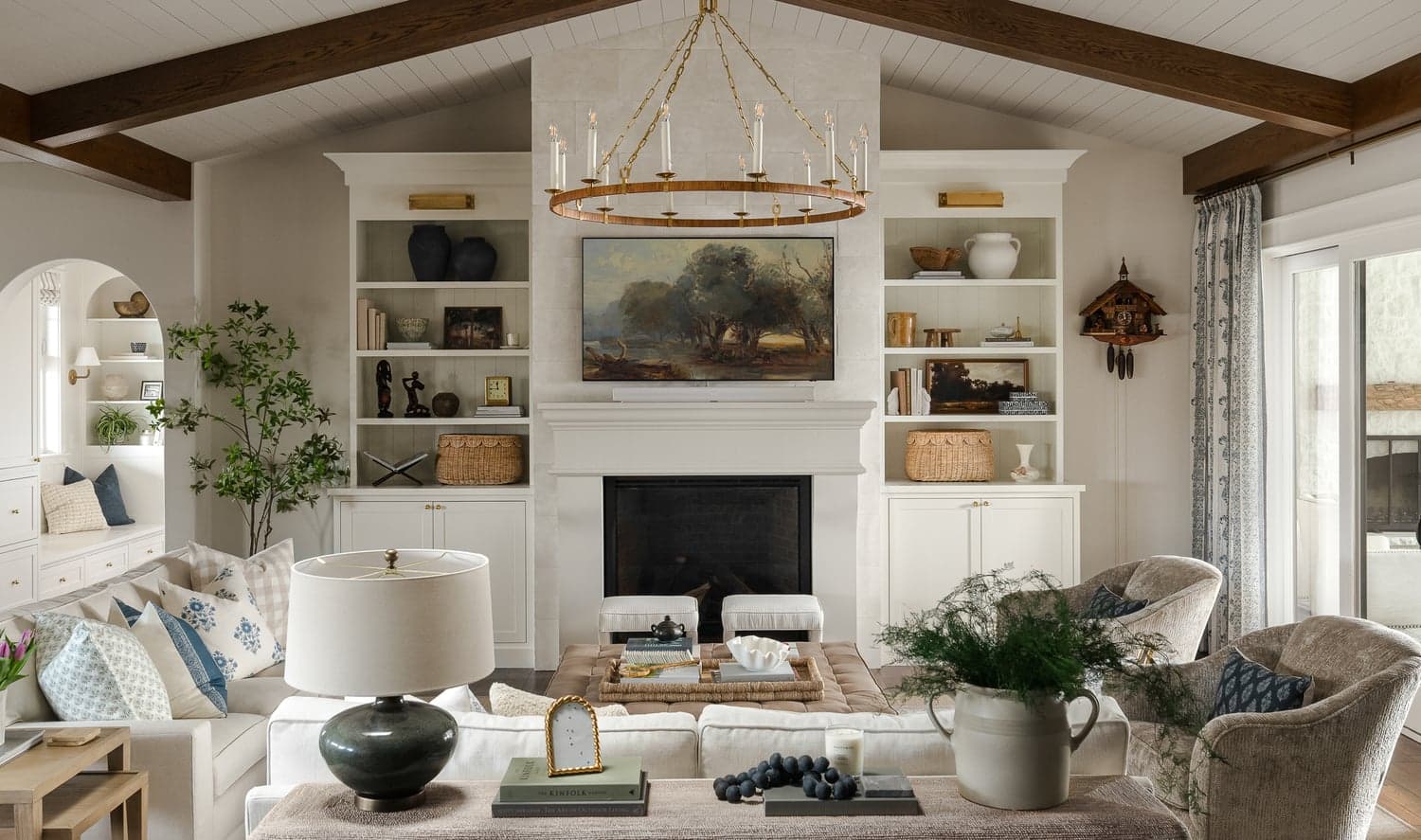 Wood Limestone Shelf Mantle — installed cast stone surround.