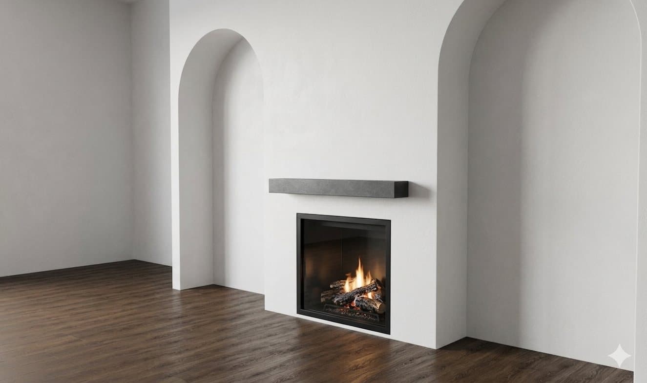 Cast stone mantel shelf — wall-mounted accent.