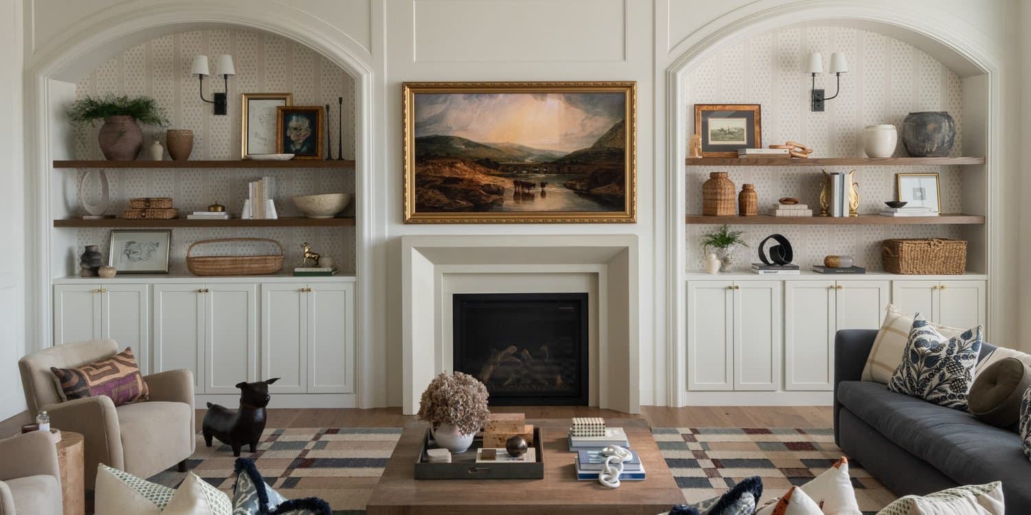 Cast stone fireplace surround between arched built-in shelves in a traditional living room.