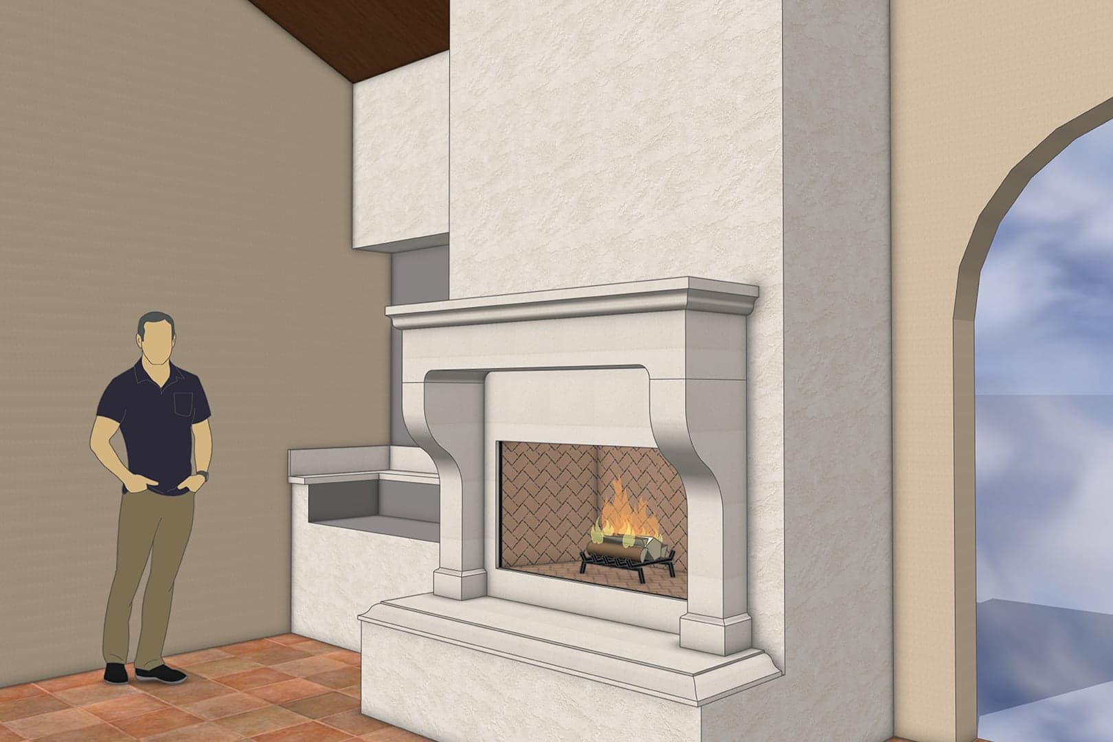 Photoreal 3D rendering of the Crainic cast stone fireplace surround.