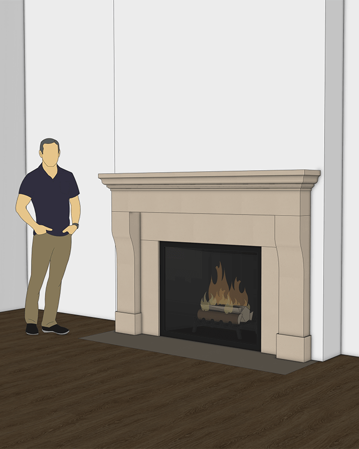 3D rendering of a custom cast stone fireplace surround — Den Dulk project